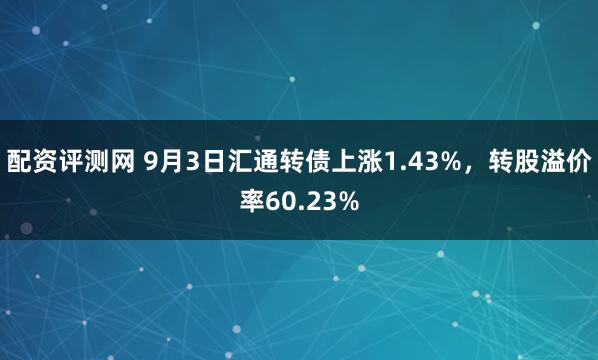 配资评测网 9月3日汇通转债上涨1.43%，转股溢价率60.23%